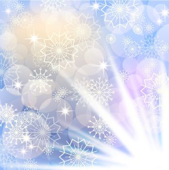 Christmas background with white snowflakes and fireworks