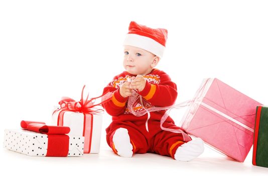 santa helper baby with christmas gifts over white