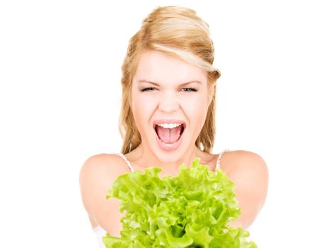 picture of happy woman with lettuce over white