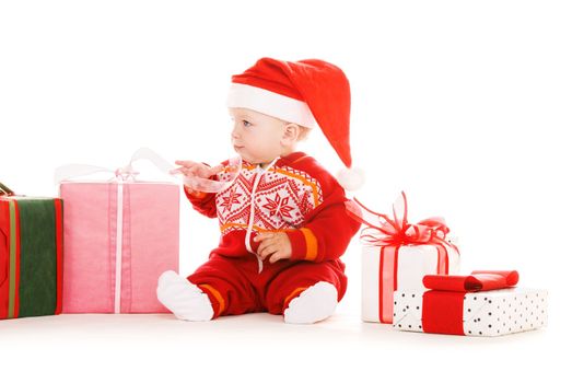 santa helper baby with christmas gifts over white