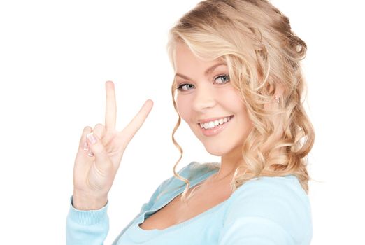 bright picture of lovely blonde showing victory sign