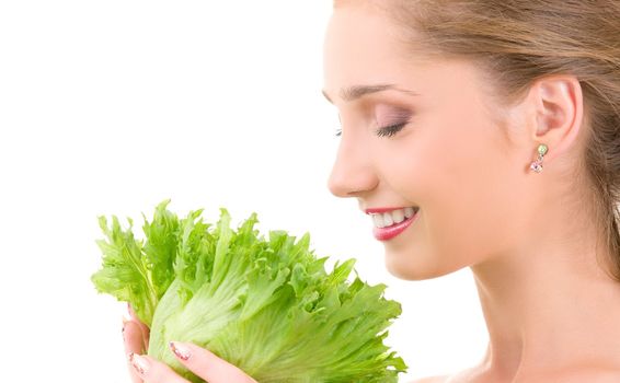 picture of happy woman with lettuce over white