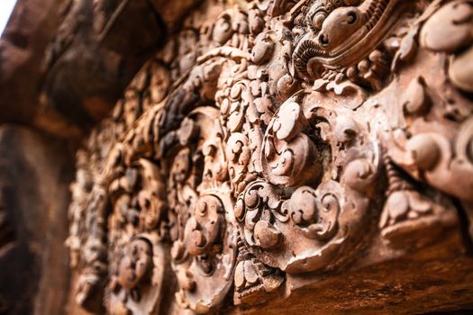 Banteay Srei elaborate carvings on wall are in much more detail than any other temple around Angkor.