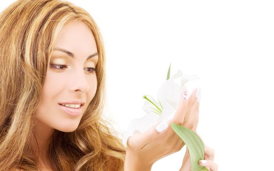 happy woman with white madonna lily flower