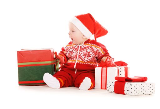 santa helper baby with christmas gifts over white