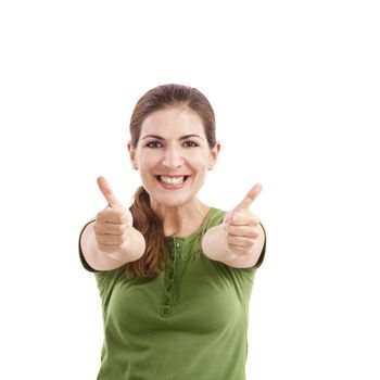 Beautiful girl with thumbs up, isolated against a white background