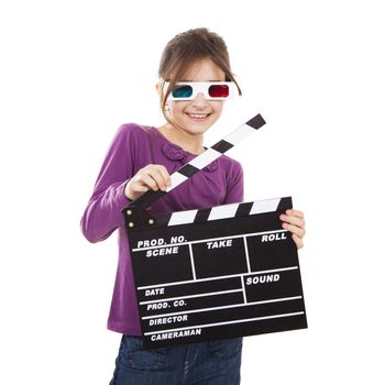 Beautiful little girl wearing 3d glasses and holding a clapboard, isolated over a white background