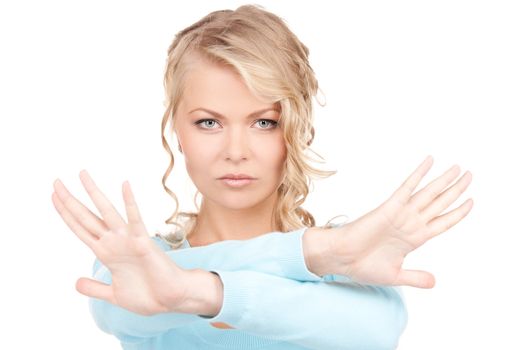 bright picture of young woman making stop gesture