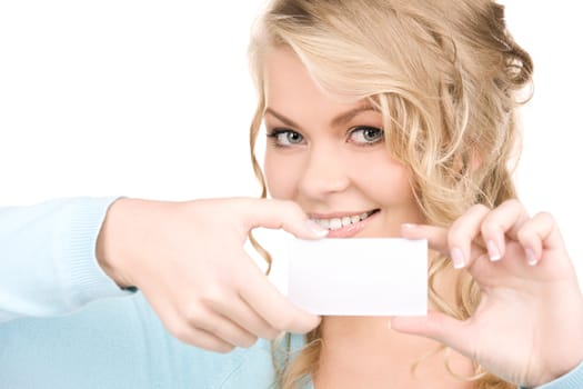 happy girl with business card over white