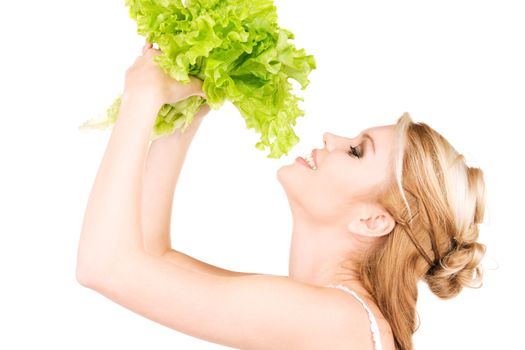 picture of happy woman with lettuce over white