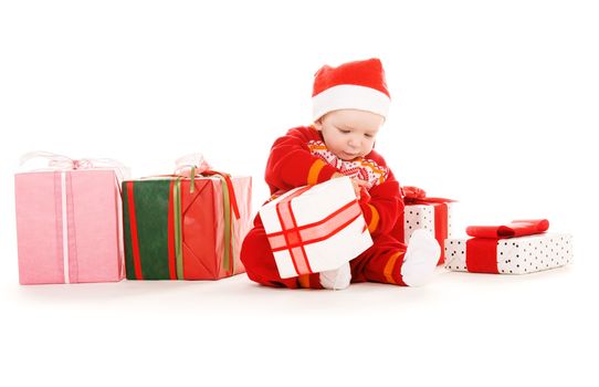 santa helper baby with christmas gifts over white