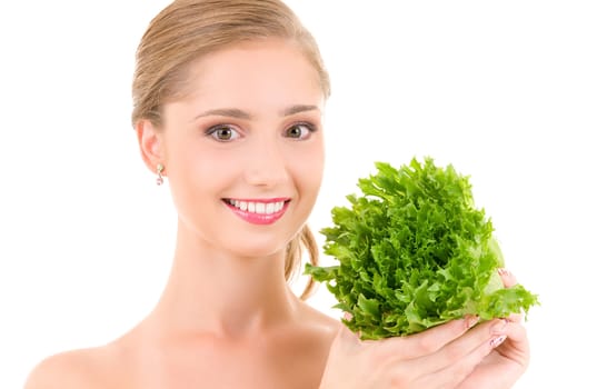 picture of happy woman with lettuce over white