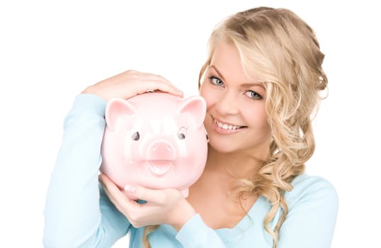 picture of lovely woman with piggy bank