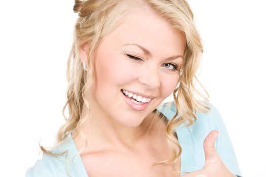 bright picture of winking woman over white