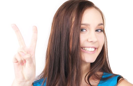 bright picture of lovely girl showing victory sign