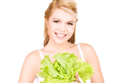 picture of happy woman with lettuce over white