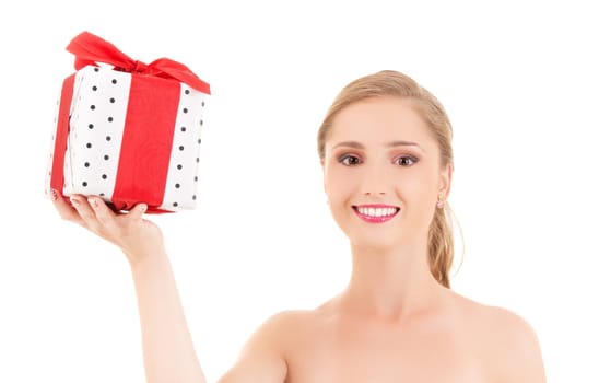 happy girl with gift box over white