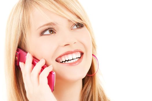 portrait of happy girl with pink phone