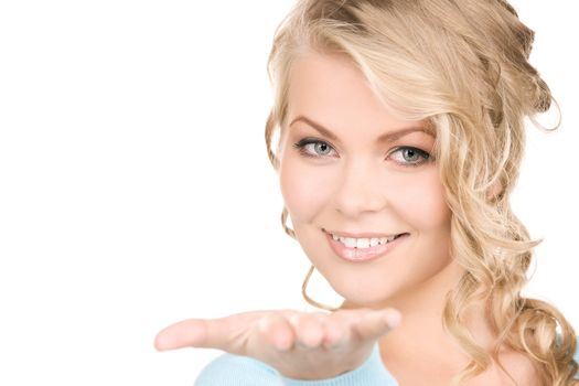 beautiful woman showing something on the palm of her hand