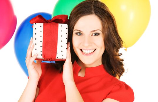 happy woman with gift box and balloons