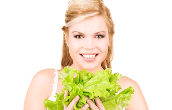 picture of happy woman with lettuce over white