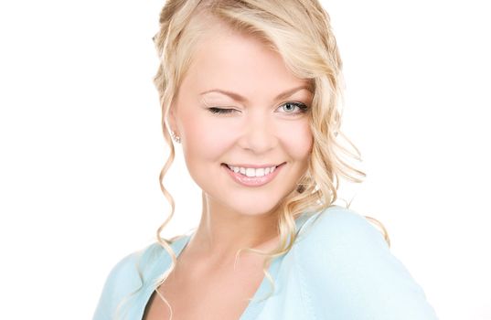 bright picture of winking woman over white