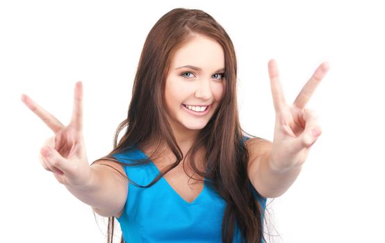 bright picture of lovely girl showing victory sign