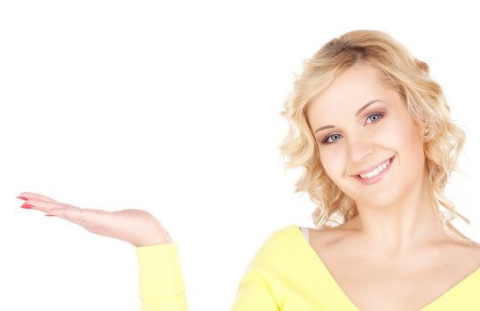 beautiful woman showing something on the palm of her hand