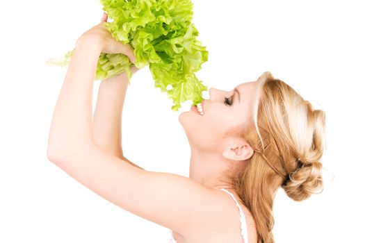 picture of happy woman with lettuce over white