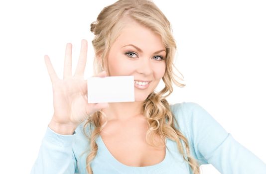 happy girl with business card over white