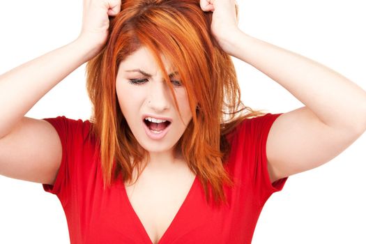 picture of unhappy redhead woman over white