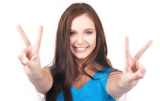 bright picture of lovely girl showing victory sign