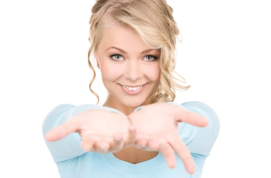 beautiful woman showing palms of her hands