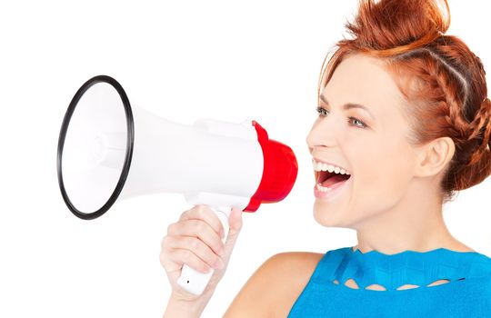 picture of redhead woman with megaphone over white