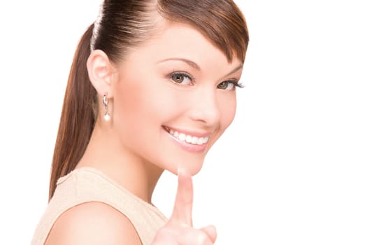 picture of attractive young woman pointing her finger