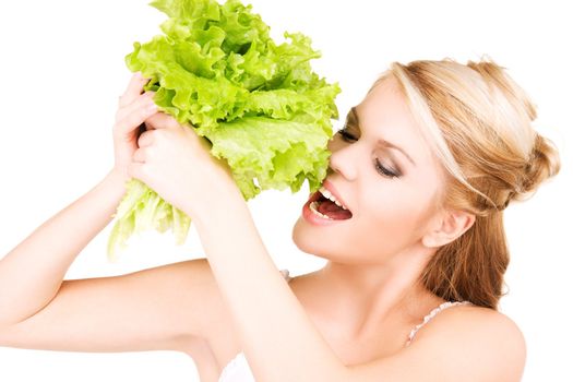 picture of happy woman with lettuce over white