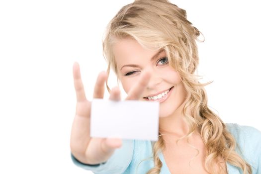 happy girl with business card over white