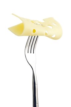 cheese in fork isolated on white background