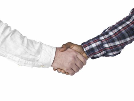 Two men handshaking isolated on white background