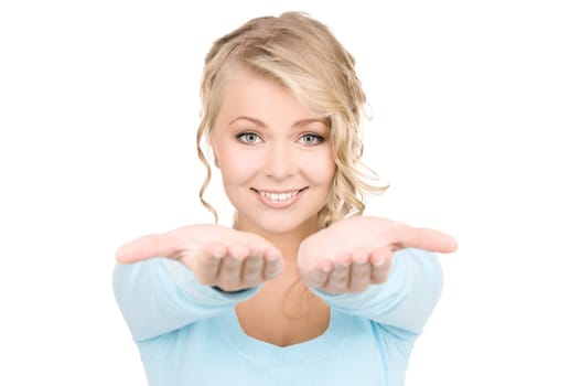 beautiful woman showing palms of her hands