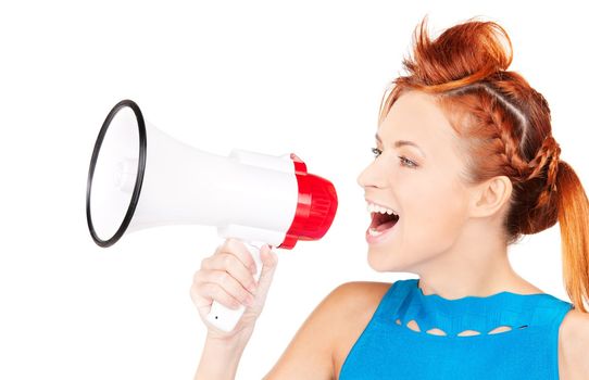 picture of redhead woman with megaphone over white