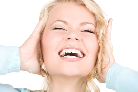 picture of happy screaming woman with hands over ears