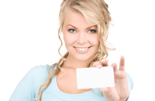 happy girl with business card over white