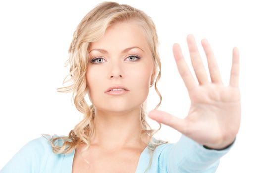 bright picture of young woman making stop gesture