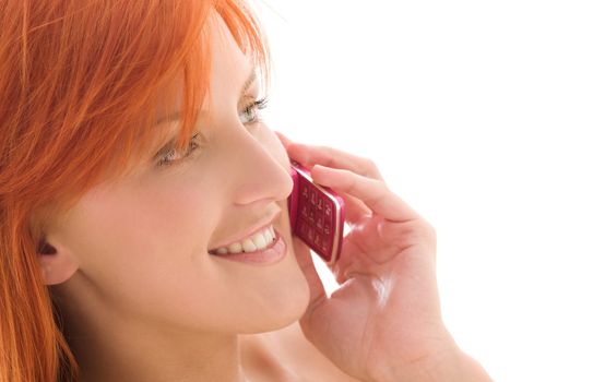 picture of happy redhead woman with cell phone