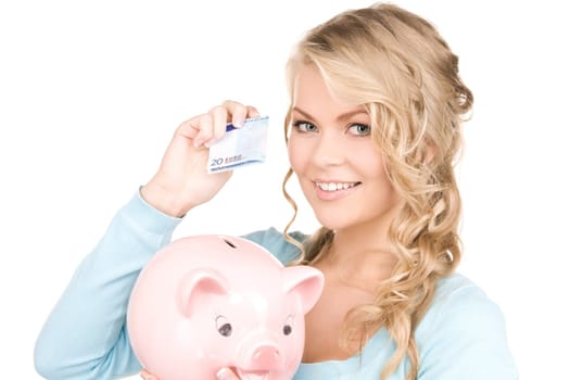 picture of lovely woman with piggy bank and money