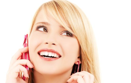 portrait of happy girl with pink phone