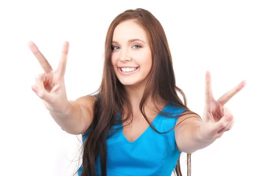 bright picture of lovely girl showing victory sign