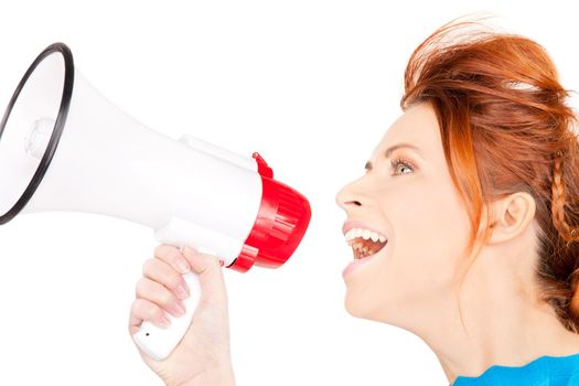 picture of redhead woman with megaphone over white