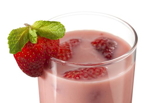 Partial view of strawberry milkshake isolated on white background